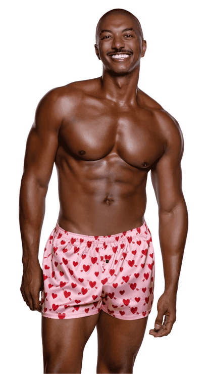 Cupid Heart Men’s Boxer – stretch satin boxer shorts with cupid heart print and button fly, front view