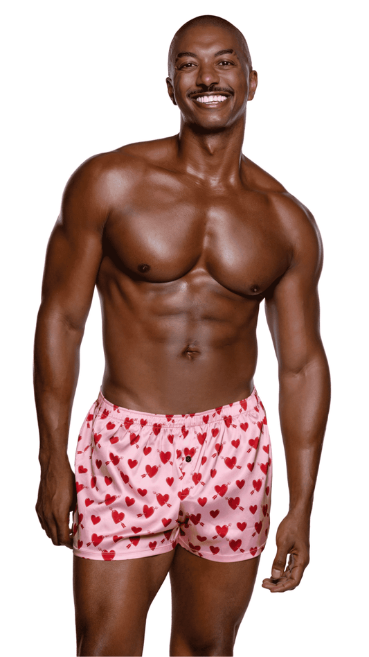 Cupid Heart Men’s Boxer – stretch satin boxer shorts with cupid heart print and button fly, front view
