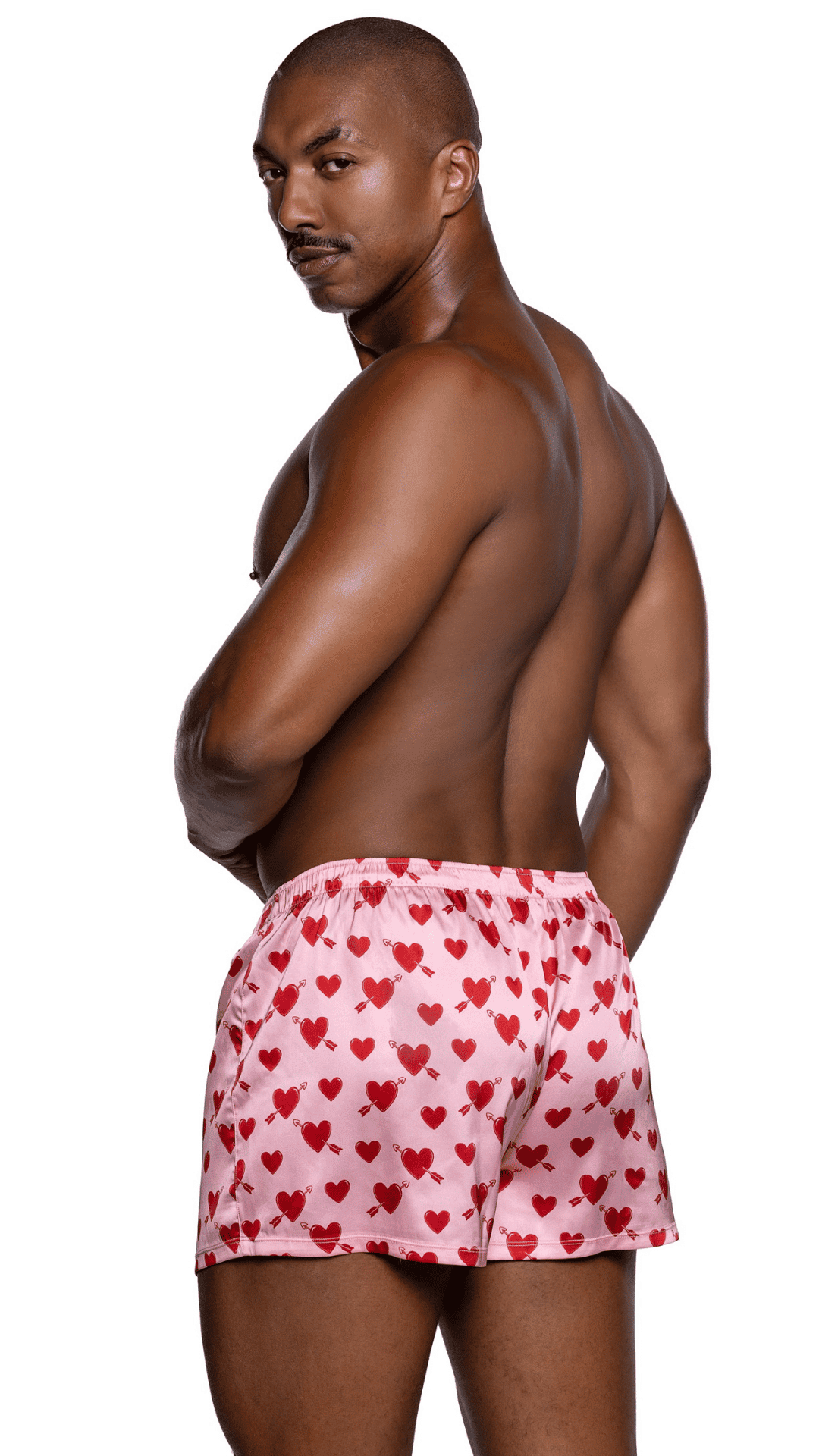 Cupid Heart Men’s Boxer – men’s satin boxers with side vents, rear view