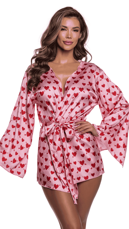 Cupid Heart Robe – soft feminine satin robe with playful heart print, front view