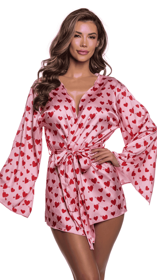 Cupid Heart Robe – soft feminine satin robe with playful heart print, front view