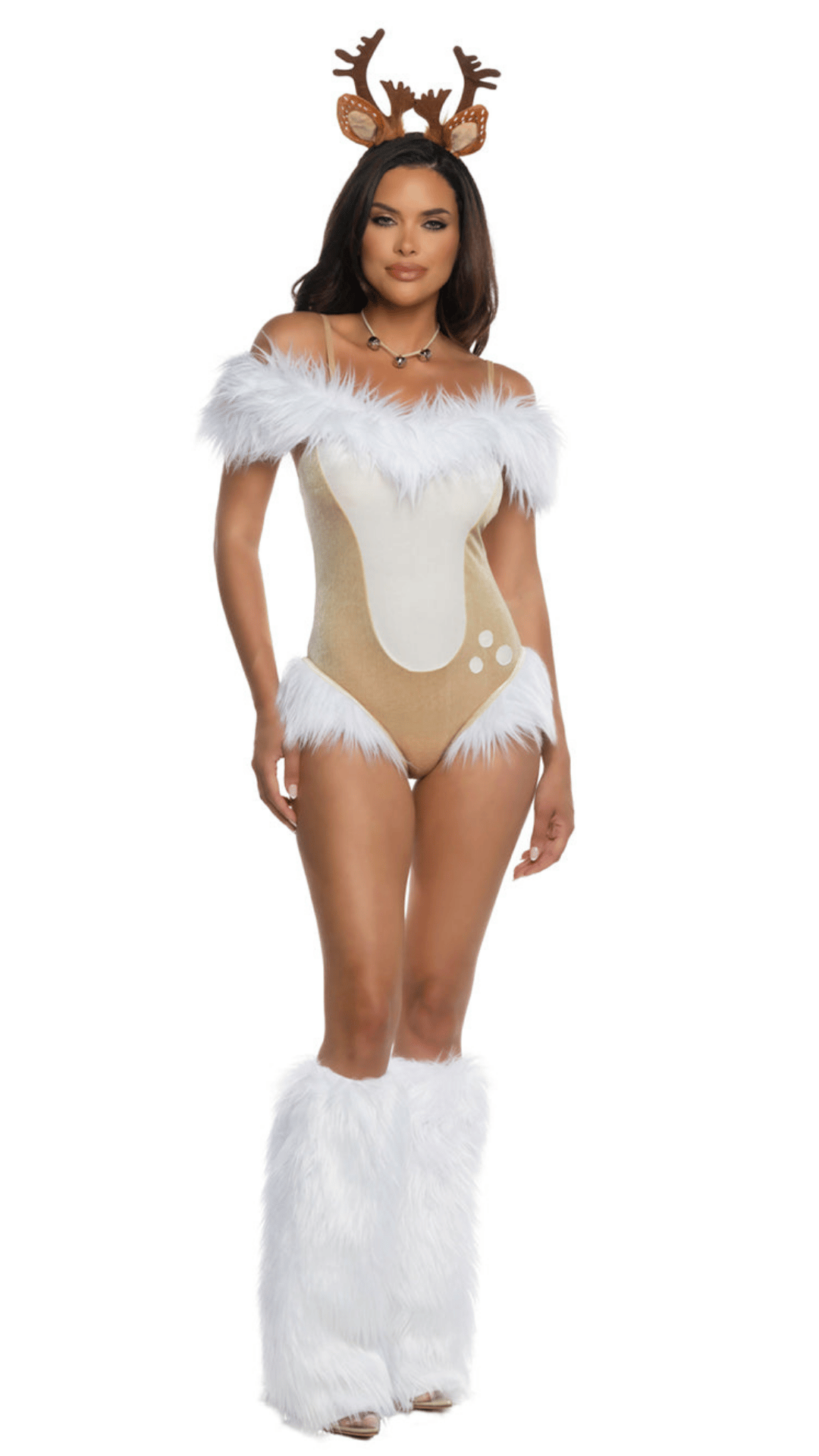 Dashing Doe Costume – deer-patterned velvet romper with faux fur trim and headpiece, front view