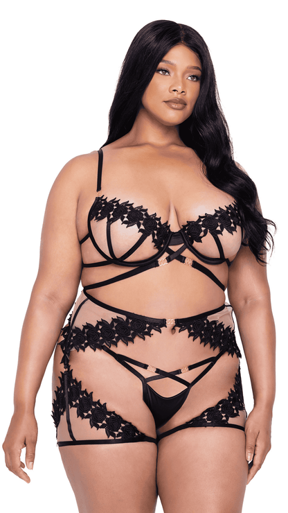 Naughty Kitten Clothing Ebony Rose 3-Piece Waspie Set Front View Plus Size Lingerie