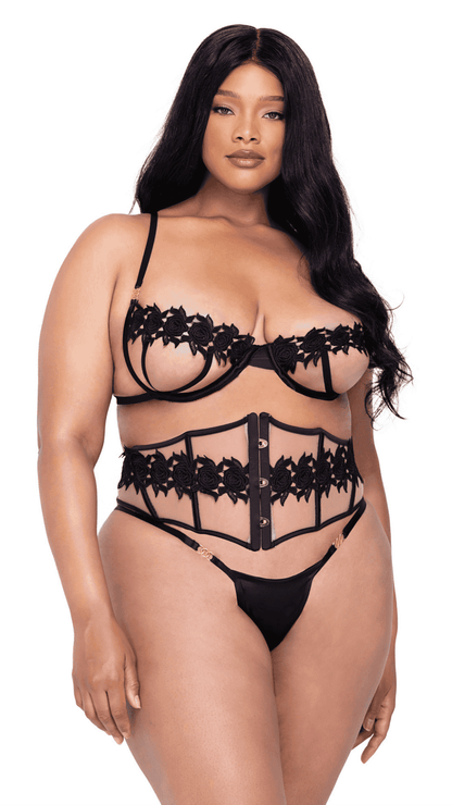 Naughty Kitten Clothing Ebony Rose 3-Piece Waspie Set Front View Plus Size Lingerie