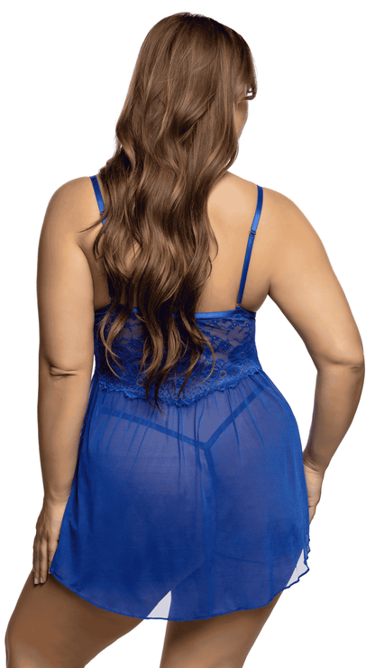 Blue plus size back: Plus size back view of Enchanted Dream Babydoll in blue