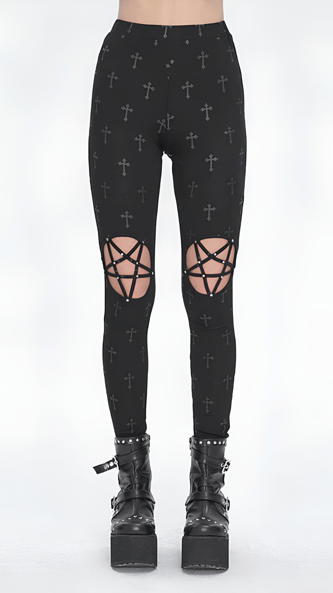 Naughty Kitten Clothing Fallen Saint Pentagram Leggings Front View Alternative Gothic Women's Leggings