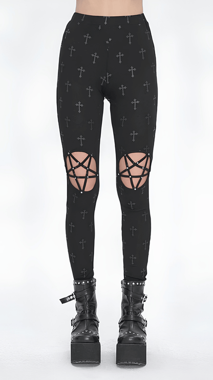 Naughty Kitten Clothing Fallen Saint Pentagram Leggings Front View Alternative Gothic Women's Leggings
