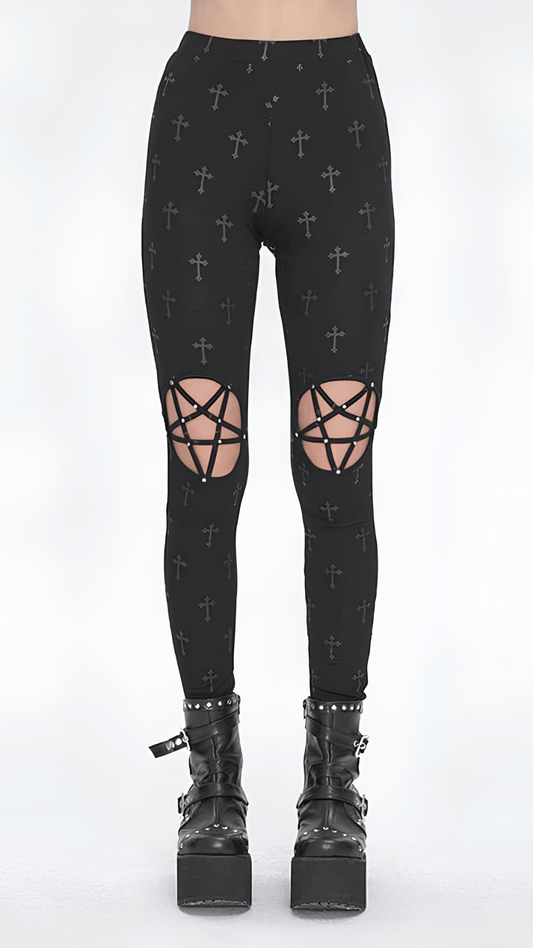 Naughty Kitten Clothing Fallen Saint Pentagram Leggings Front View Alternative Gothic Women's Leggings