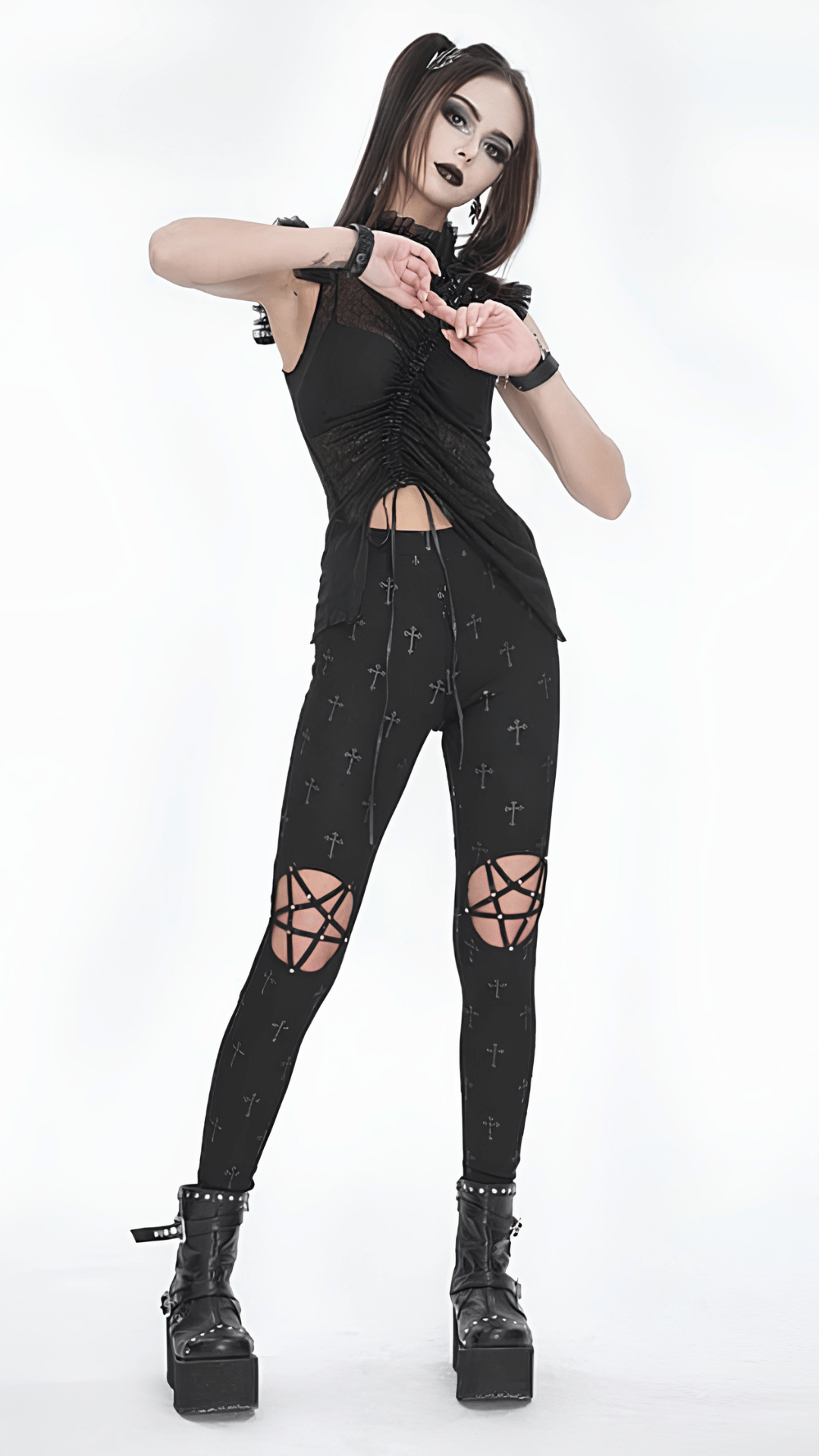 Naughty Kitten Clothing Fallen Saint Pentagram Leggings Front View Alternative Gothic Women's Leggings