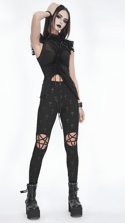 Naughty Kitten Clothing Fallen Saint Pentagram Leggings Front View Alternative Gothic Women's Leggings