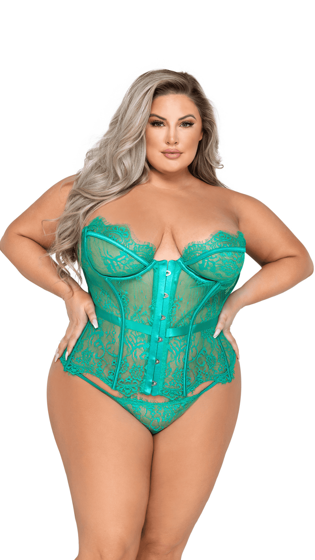 Naughty Kitten Clothing Fantasy 2-Piece Bustier Set Green front View Plus Size Lingerie