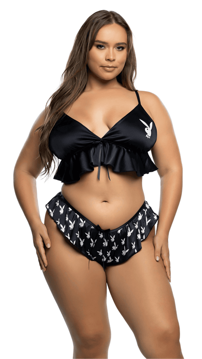 Naughty Kitten Clothing Flutter Bunny Black Lounge Set  Front View Playboy Sleepwear Lingerie Plus Size