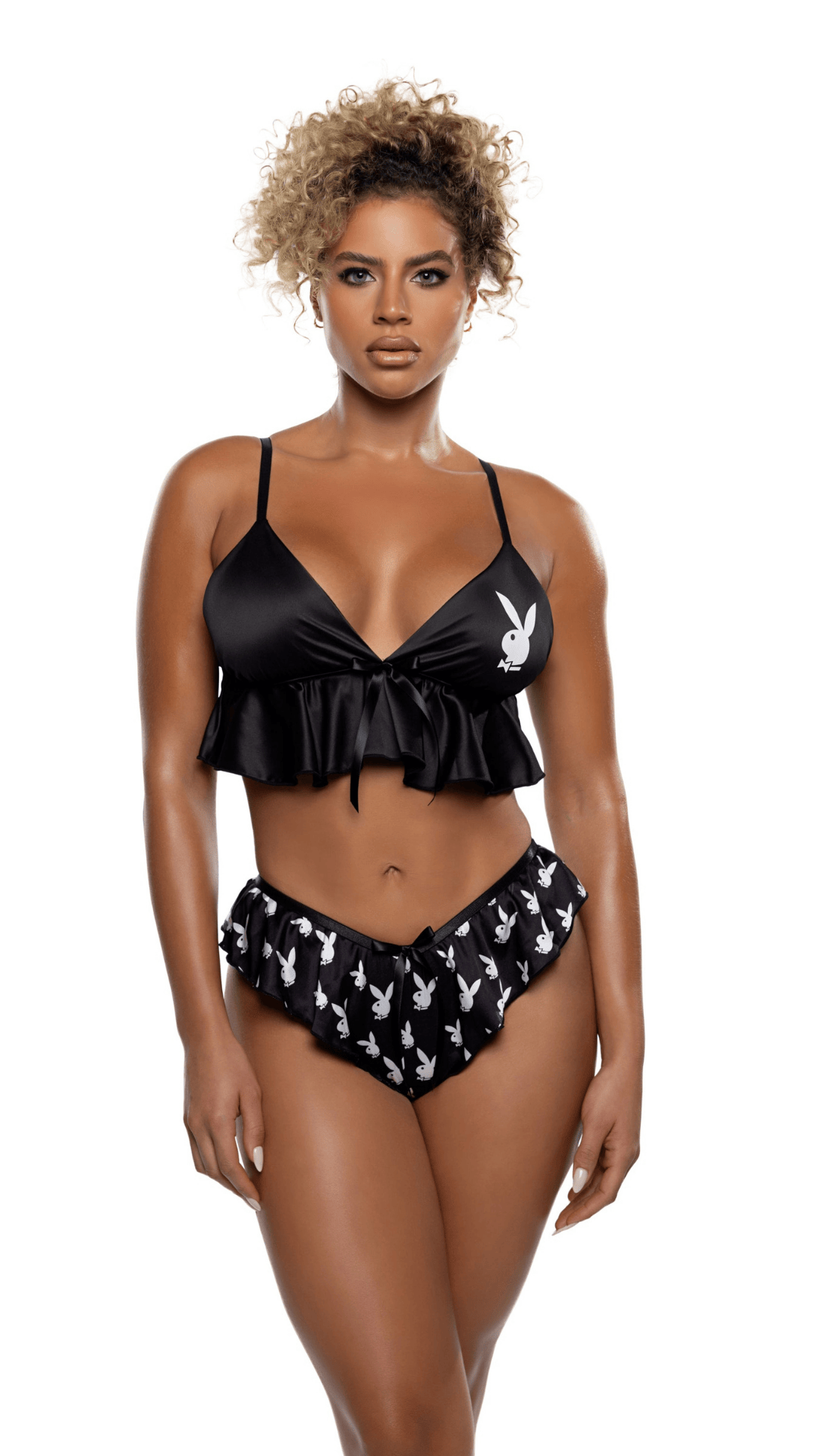 Naughty Kitten Clothing Flutter Bunny Black Lounge Set  Front View Playboy Sleepwear Lingerie