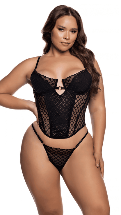 Plus size model in Gilded Viper bustier and thong, front
