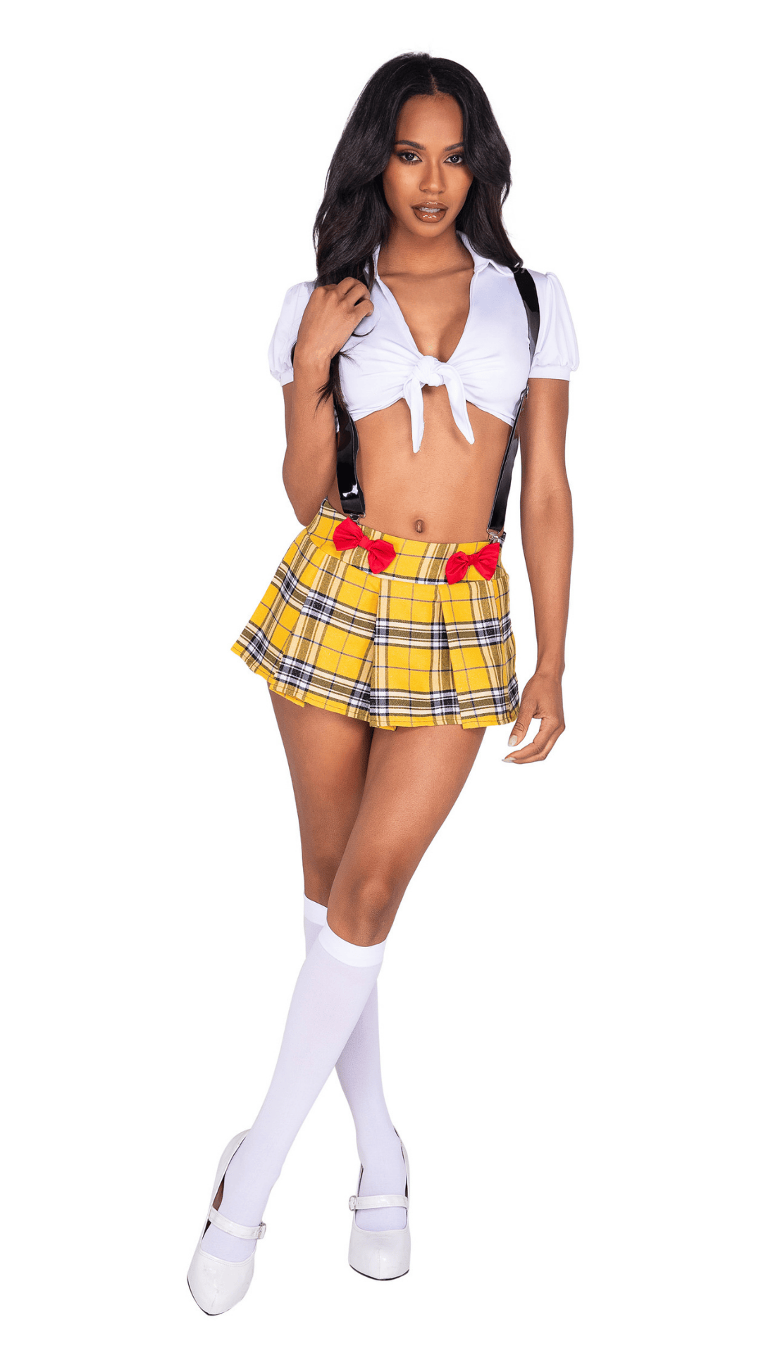 Glitzy School Girl Costume Yellow Plaid Front View - Naughty Kitten Clothing Halloween Costume