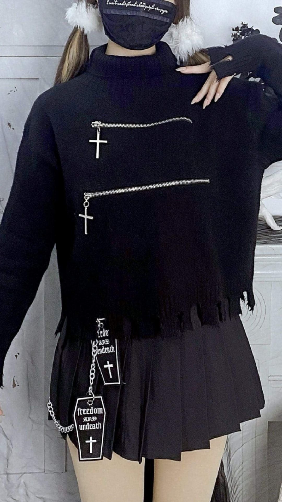 Naughty Kitten Clothing Gothic Coffin Cross Pleated Skirt With Belts Front View Gothic Alternative Wear
