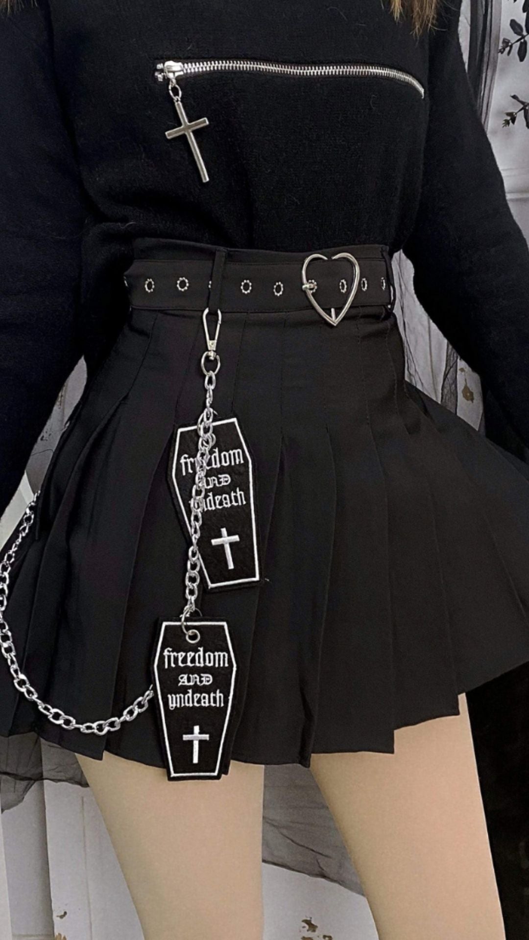 Naughty Kitten Clothing Gothic Coffin Cross Pleated Skirt With Belts Front View Gothic Alternative Wear