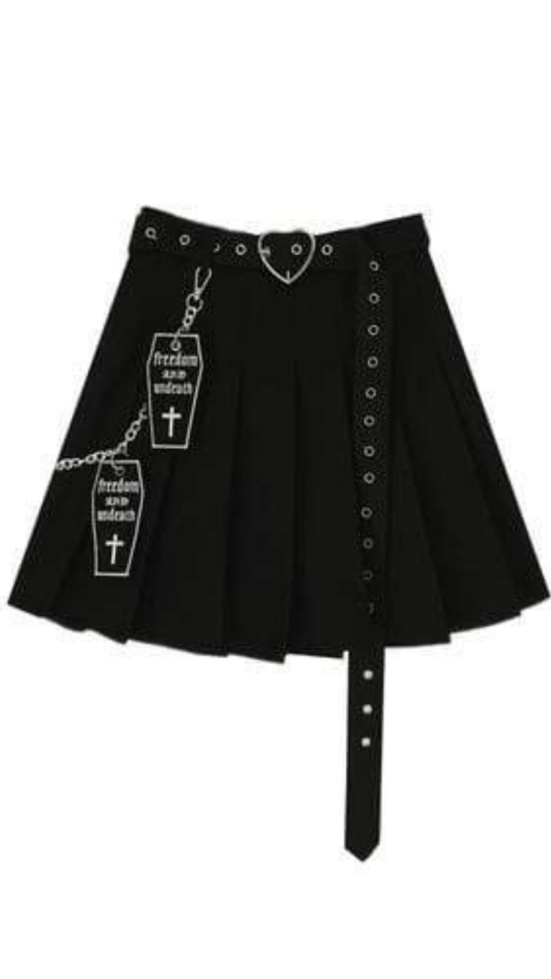 Naughty Kitten Clothing Gothic Coffin Cross Pleated Skirt With Belts Front View Gothic Alternative Wear
