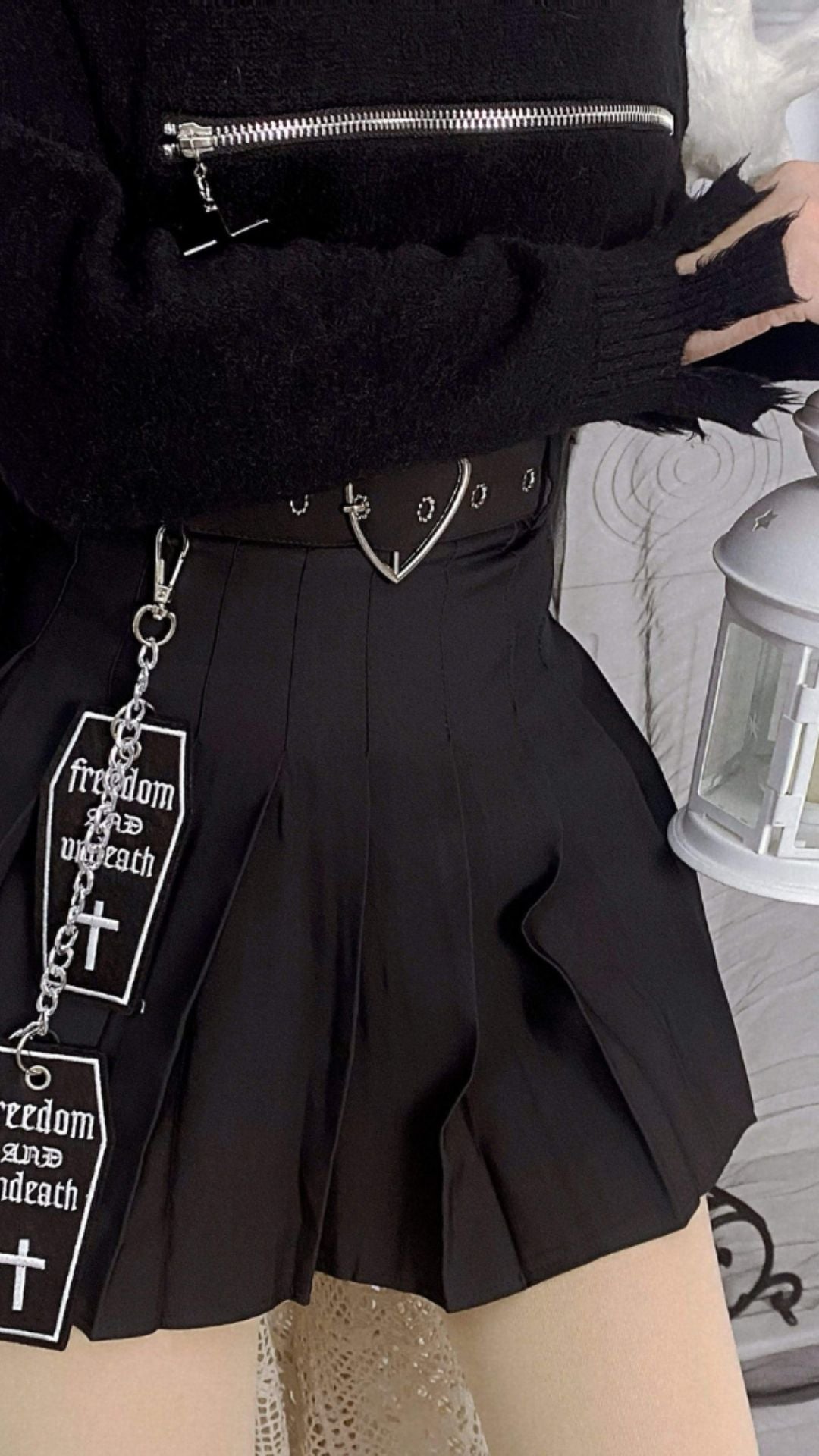 Naughty Kitten Clothing Gothic Coffin Cross Pleated Skirt With Belts Front View Gothic Alternative Wear