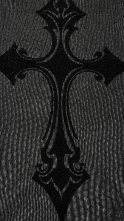 Naughty Kitten Clothing Gothic Cross Mesh Shirt Close Up View Gothic Alternative Women's Fashion