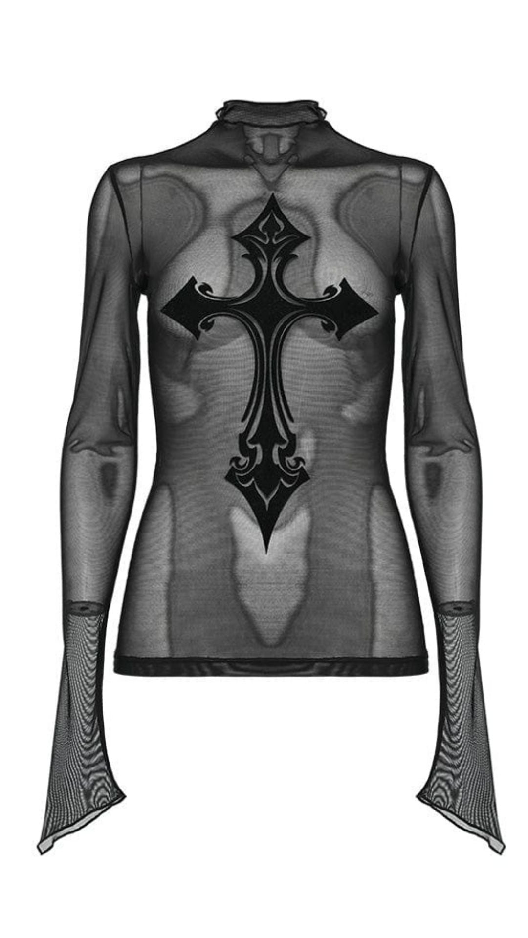 Naughty Kitten Clothing Gothic Cross Mesh Shirt Front View Gothic Alternative Women's Fashion