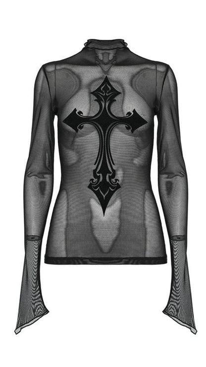 Naughty Kitten Clothing Gothic Cross Mesh Shirt Front View Gothic Alternative Women's Fashion