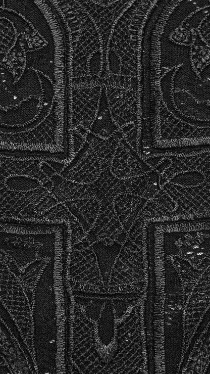 Naughty Kitten Clothing Gothic Cross Embroidered Lace Tank Top Close Up View Alternative Gothic Women's Fashion