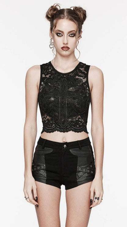 Naughty Kitten Clothing Gothic Cross Embroidered Lace Tank Top Front View Alternative Gothic Women's Fashion