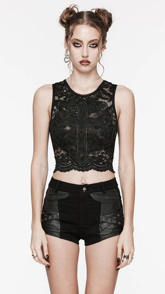Naughty Kitten Clothing Gothic Cross Embroidered Lace Tank Top Front View Alternative Gothic Women's Fashion