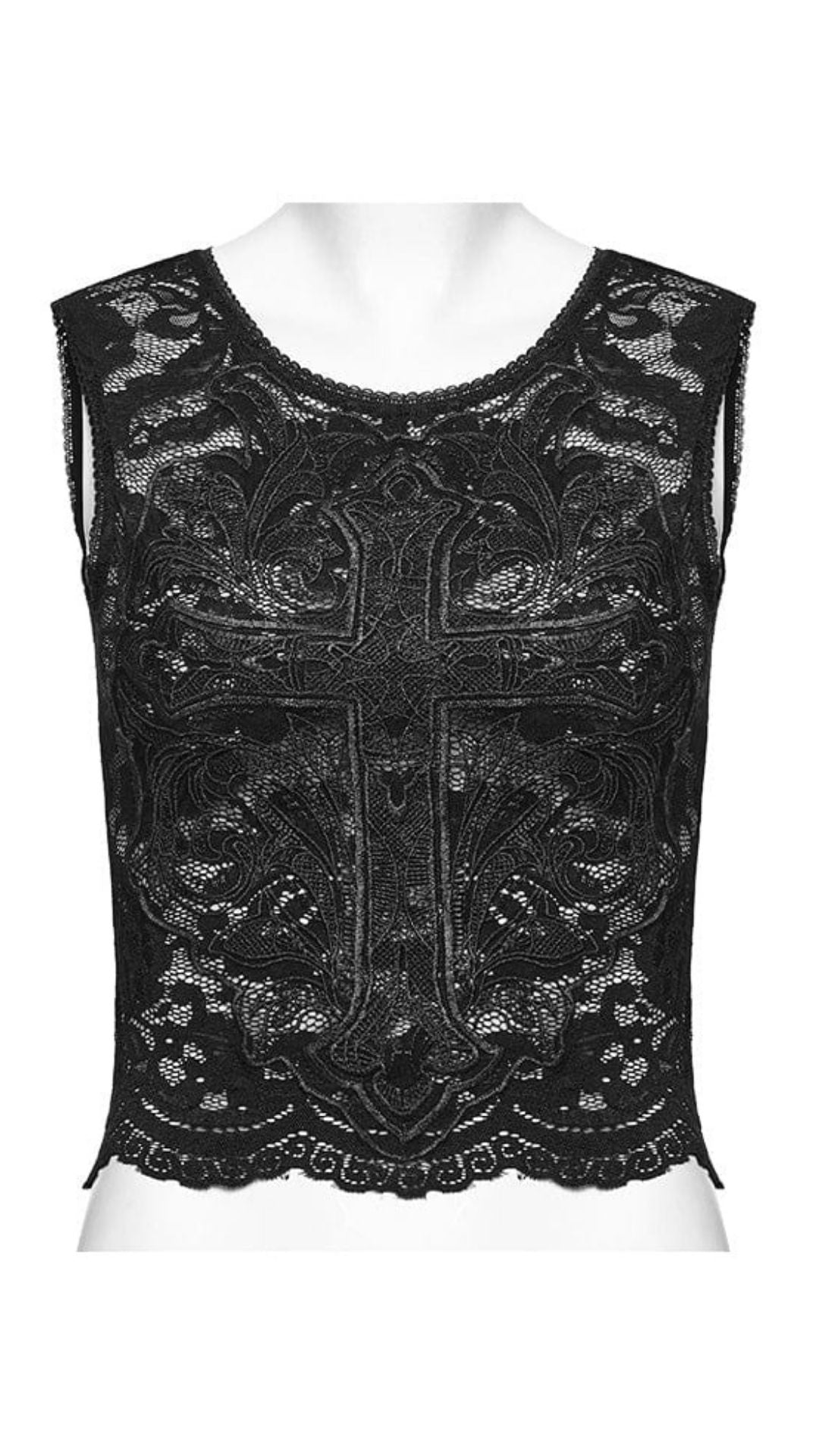 Naughty Kitten Clothing Gothic Cross Embroidered Lace Tank Top Front View Alternative Gothic Women's Fashion