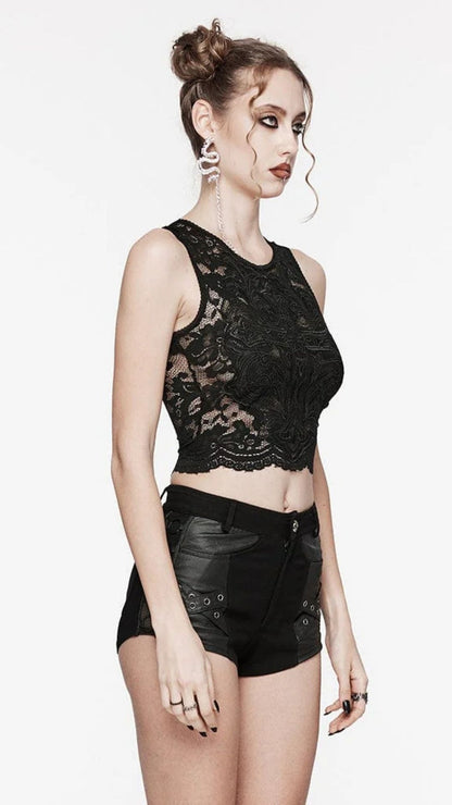 Naughty Kitten Clothing Gothic Cross Embroidered Lace Tank Top Side View Alternative Gothic Women's Fashion