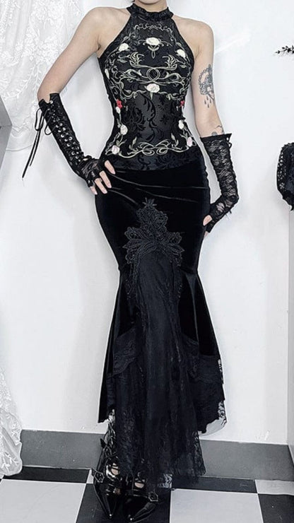 Naughty Kitten Clothing Gothic Halterneck Floral Flocking Tank Top Front View Alternative Gothic women's Fashion