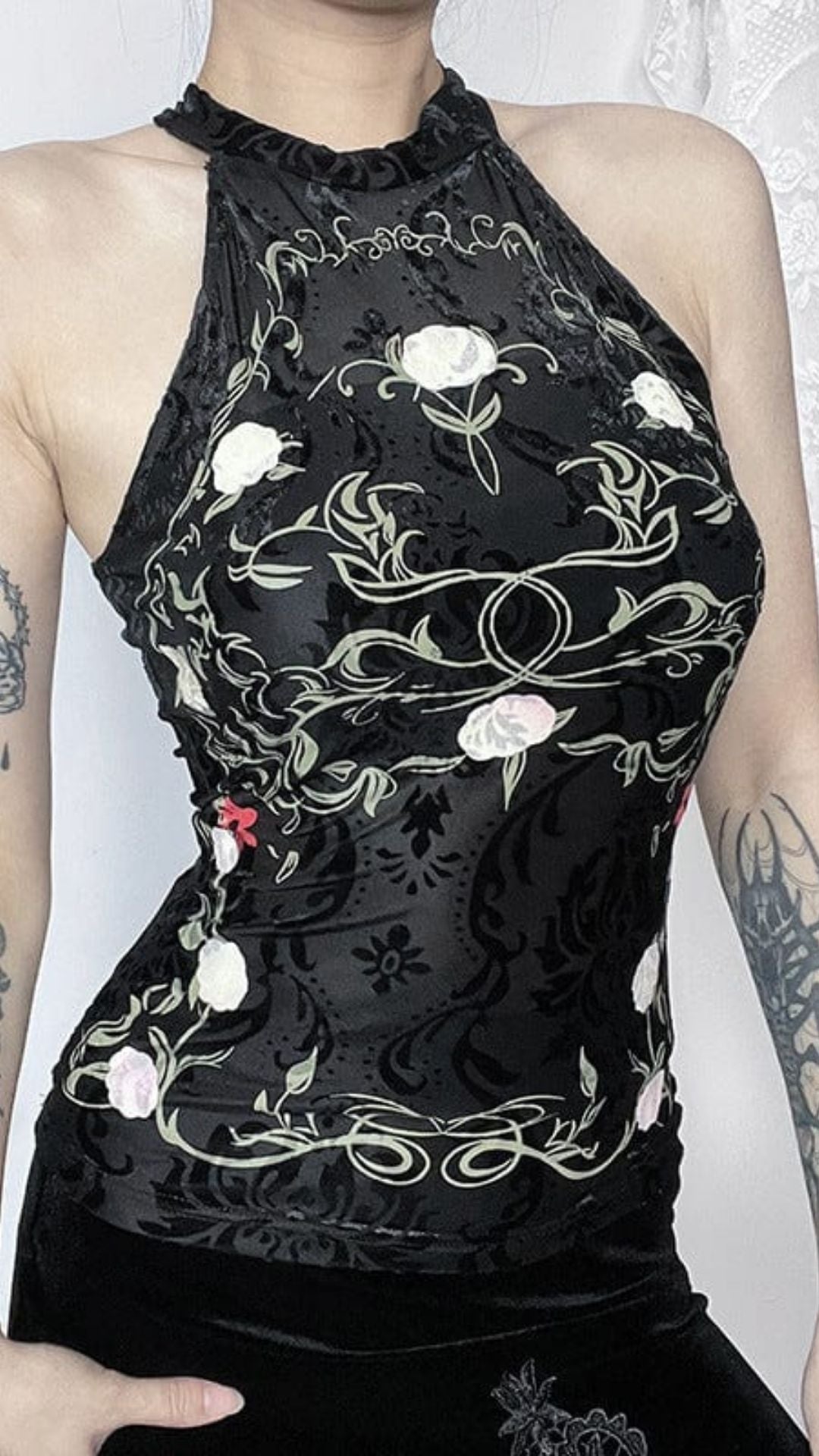 Naughty Kitten Clothing Gothic Halterneck Floral Flocking Tank Top Front View Alternative Gothic women's Fashion