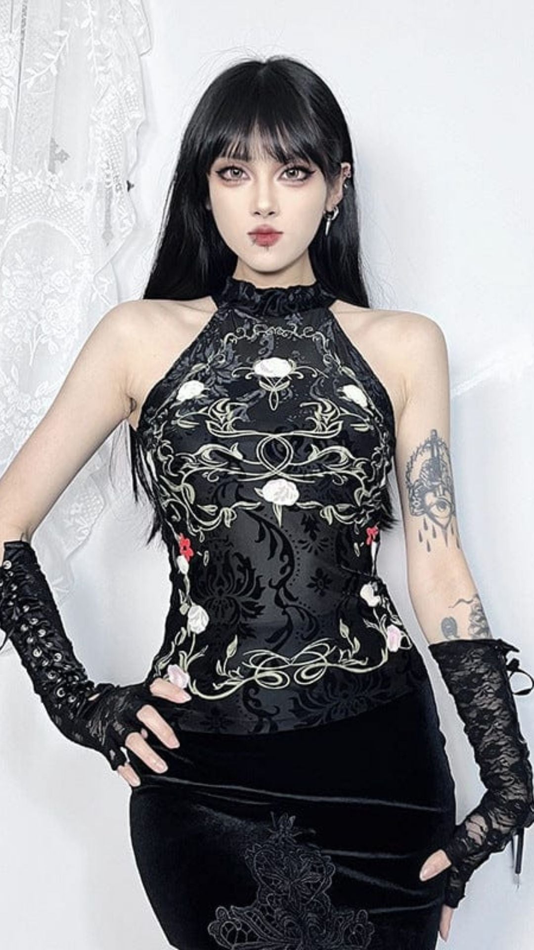 Naughty Kitten Clothing Gothic Halterneck Floral Flocking Tank Top Front View Alternative Gothic women's Fashion