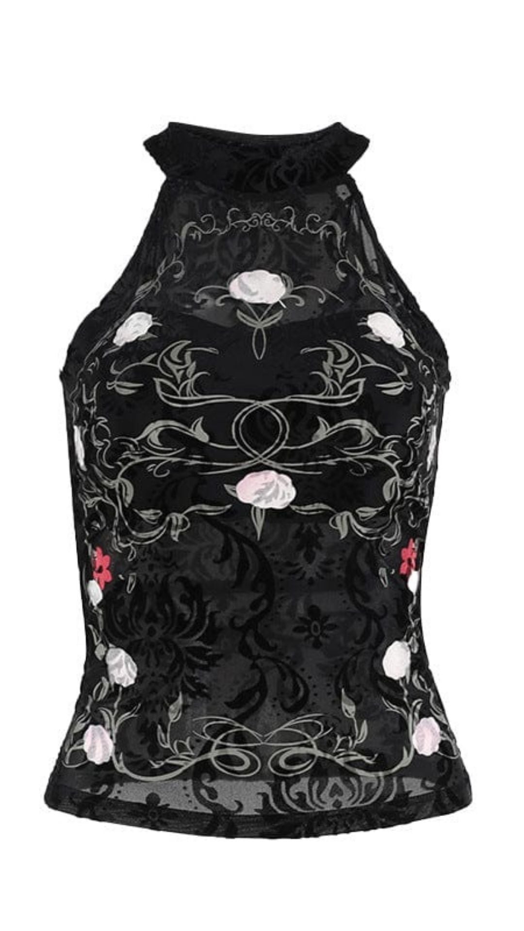Naughty Kitten Clothing Gothic Halterneck Floral Flocking Tank Top Front View Alternative Gothic women's Fashion