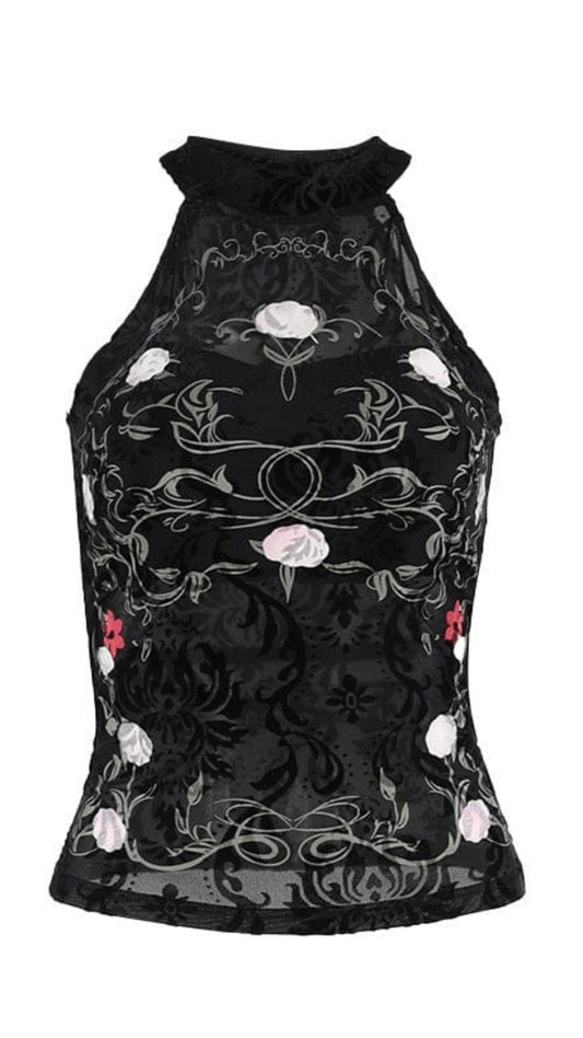Naughty Kitten Clothing Gothic Halterneck Floral Flocking Tank Top Front View Alternative Gothic women's Fashion