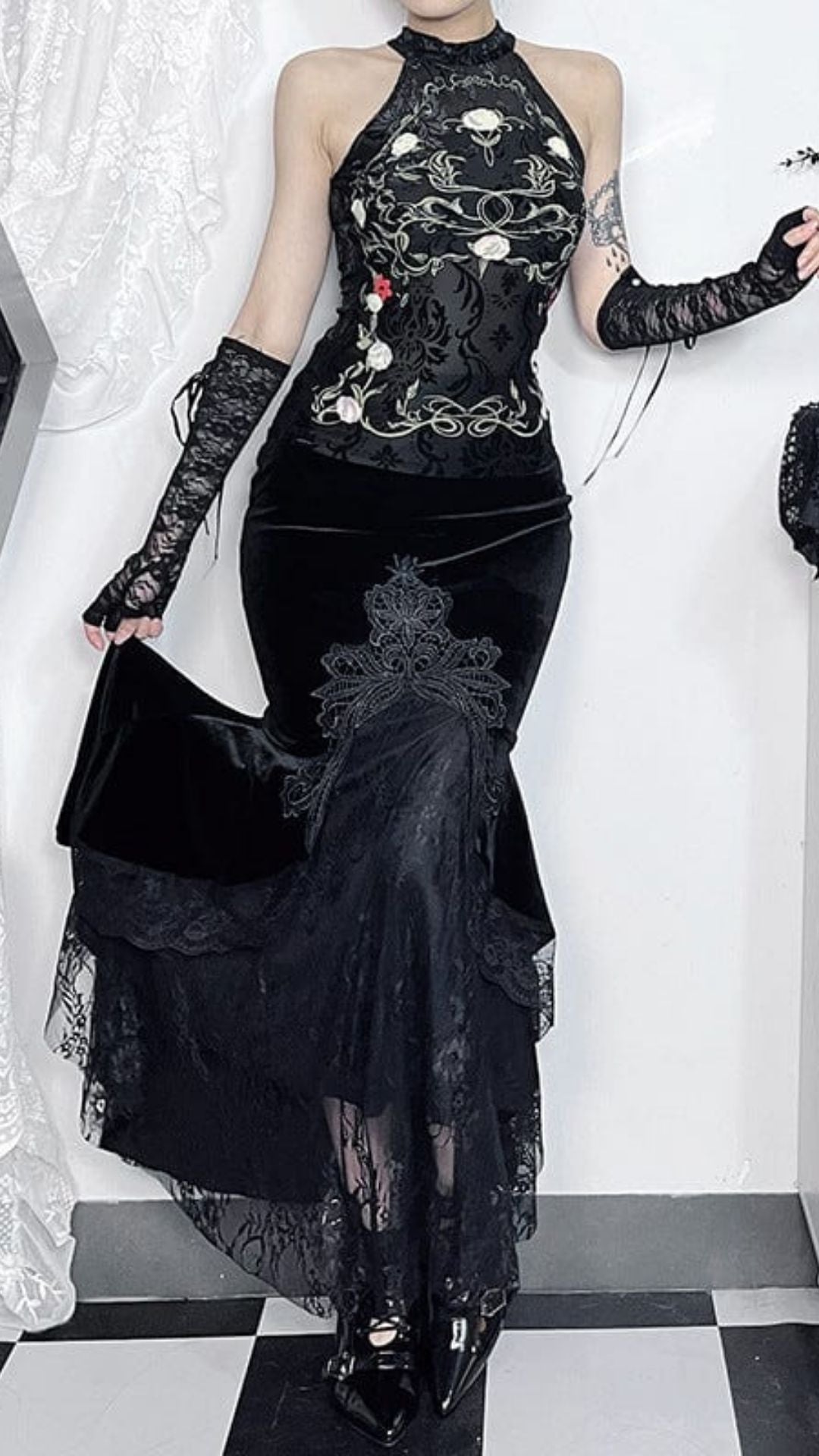 Naughty Kitten Clothing Gothic Halterneck Floral Flocking Tank Top Front View Alternative Gothic women's Fashion