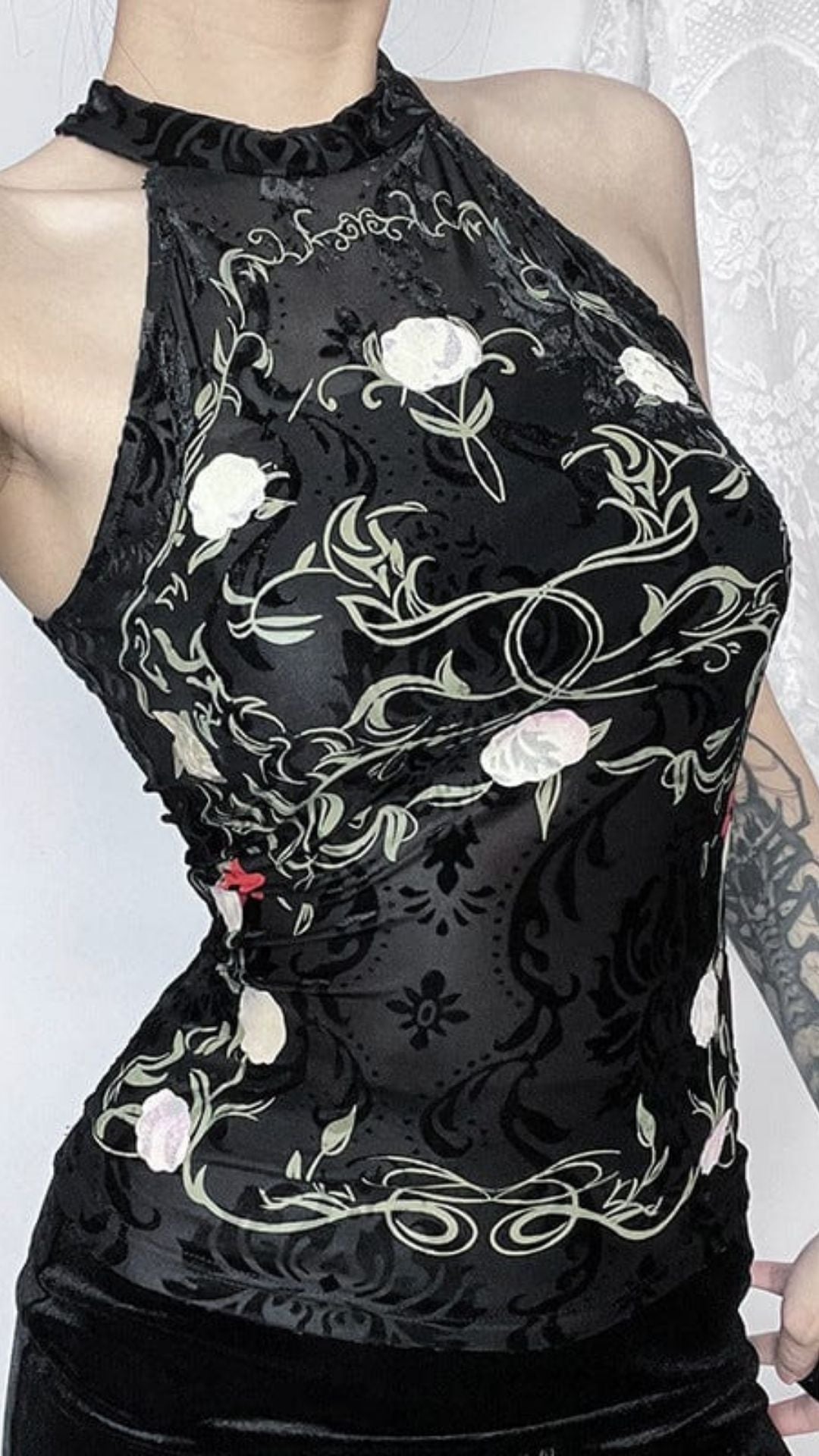 Naughty Kitten Clothing Gothic Halterneck Floral Flocking Tank Top Front View Alternative Gothic women's Fashion