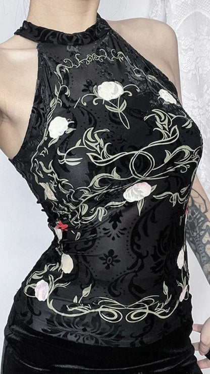 Naughty Kitten Clothing Gothic Halterneck Floral Flocking Tank Top Front View Alternative Gothic women's Fashion
