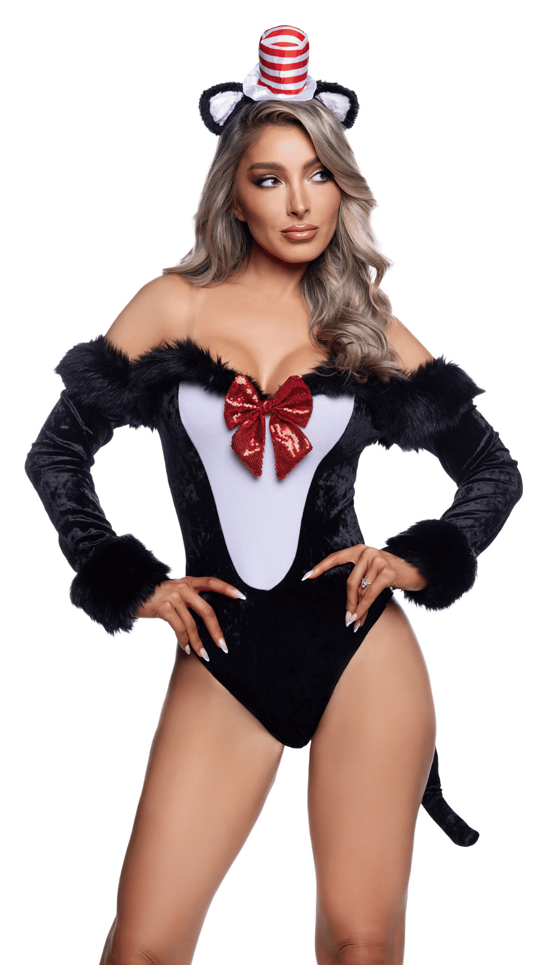 Hat Cat Babe Costume – mini top hat and cat ears headpiece with velvet bodysuit and sequin bow, front view