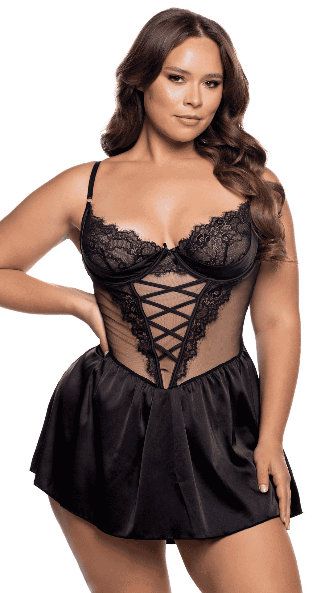 Haute Night Babydoll – stretch lace babydoll with balconette neckline, black plus size front view