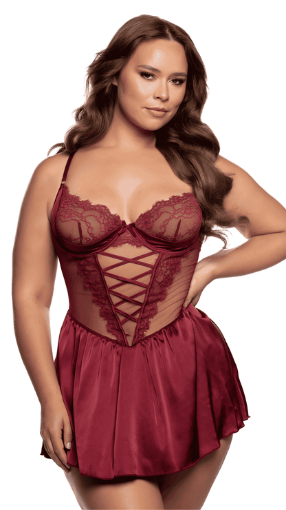 Haute Night Babydoll – stretch lace balconette babydoll, wine plus size front view
