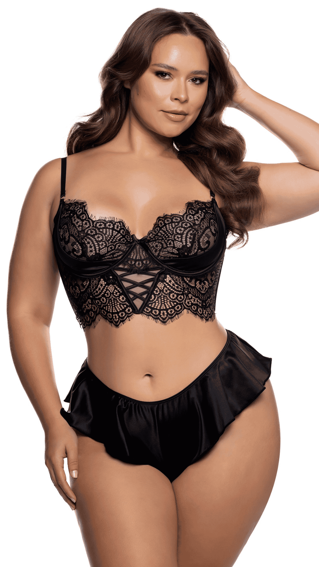 Haute Night Bra Set – eyelash lace and satin shorts set, black plus size front view