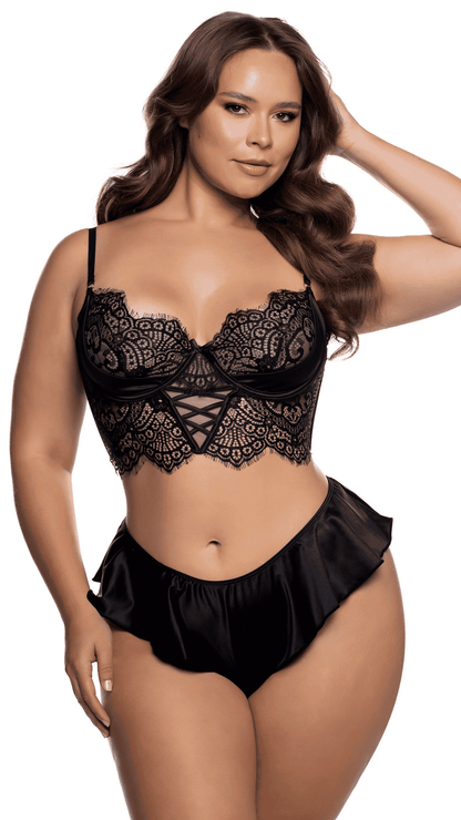 Haute Night Bra Set – eyelash lace and satin shorts set, black plus size front view