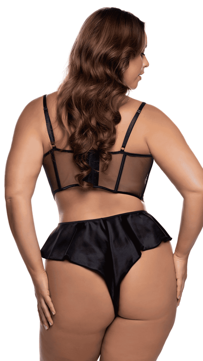 Haute Night Bra Set – matching lingerie set with ruffled details, black plus size rear view