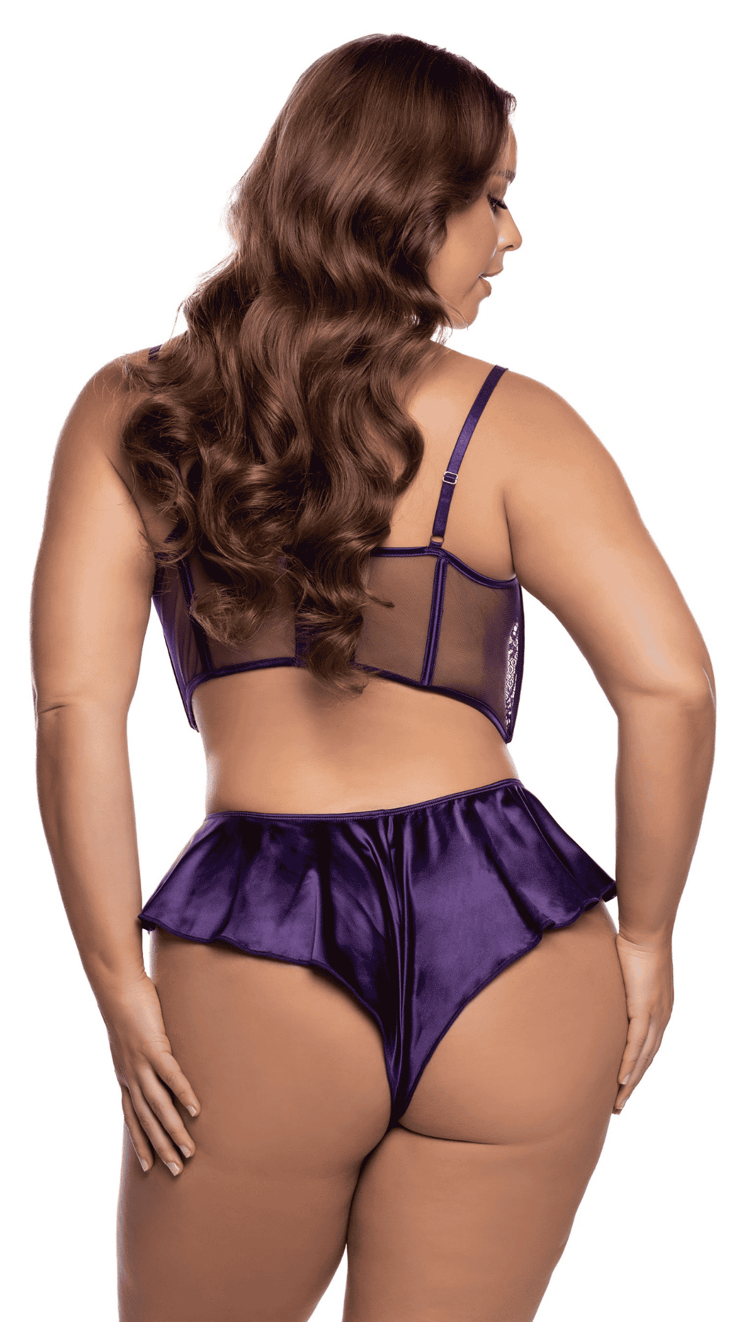 Haute Night Bra Set – matching shorts with ruffled legs, purple plus size rear view
