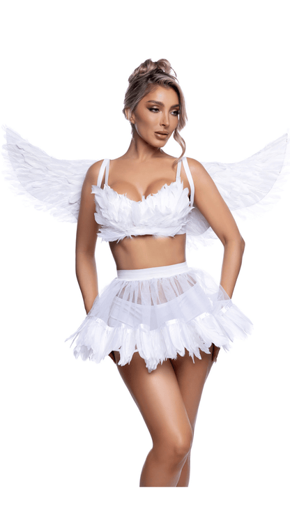 Heavenly Angel Costume – white feather bra top, layered skirt and wings, front view, adult women’s Halloween costume