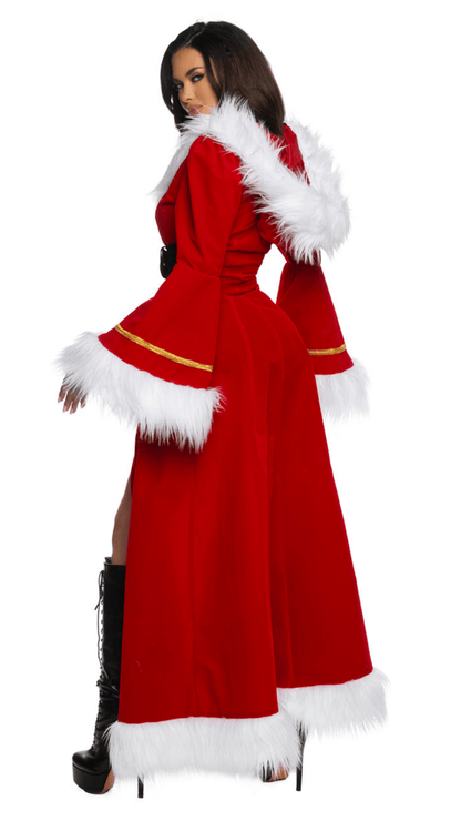 Holiday Mistress Costume – festive hooded costume with faux leather belt, rear view