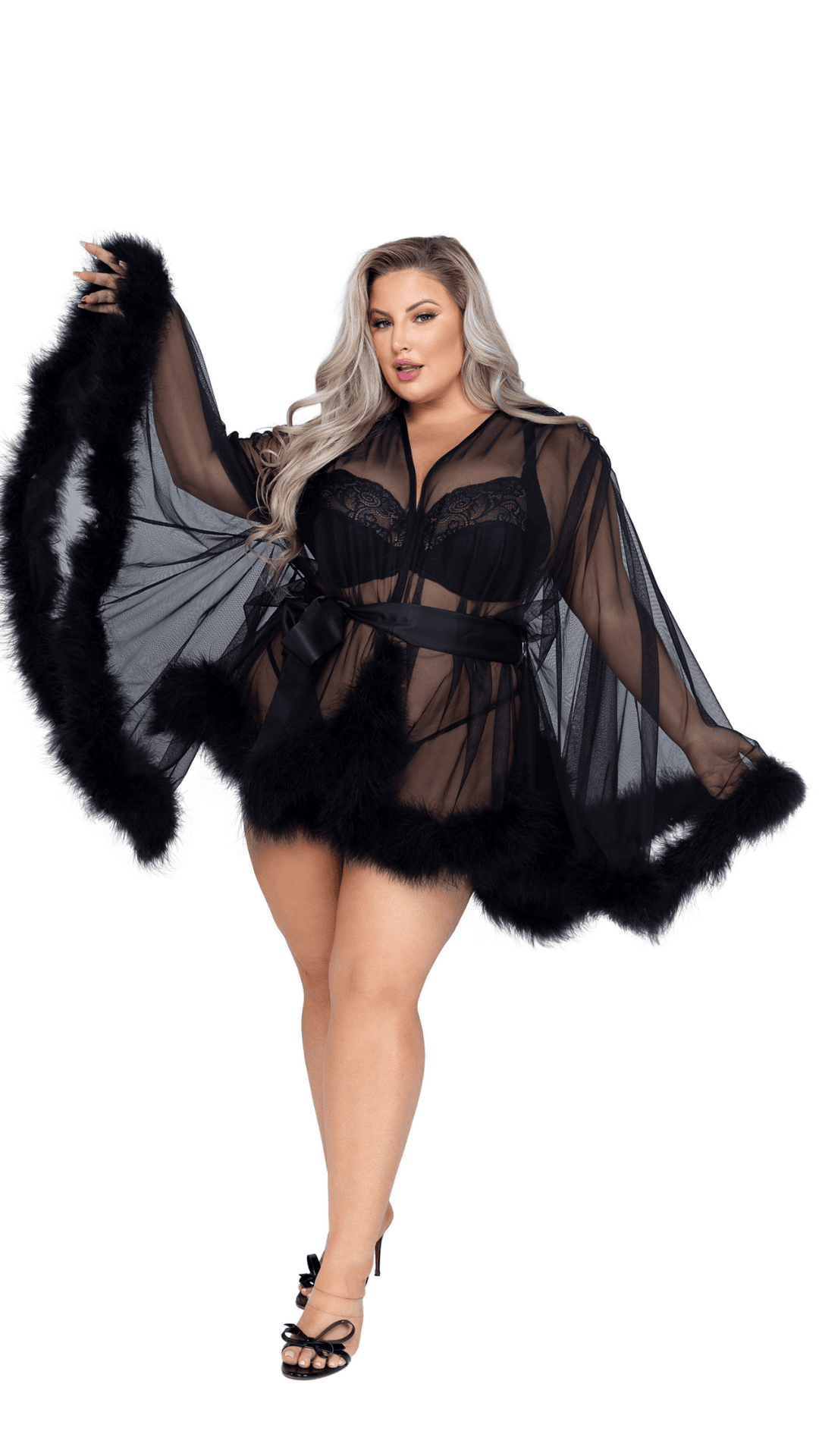 Naughty Kitten Clothing Hollywood Glam Luxury Mini Robe Black Front View Lingerie Queen Size