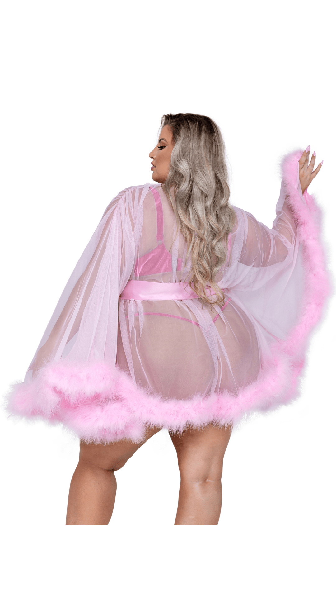 Naughty Kitten Clothing Hollywood Glam Luxury Mini Robe Pink Rear View Plus Size Lingerie